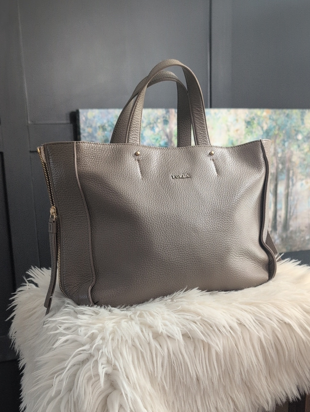 Furla Taupe Pebbled Leather Tote Bag